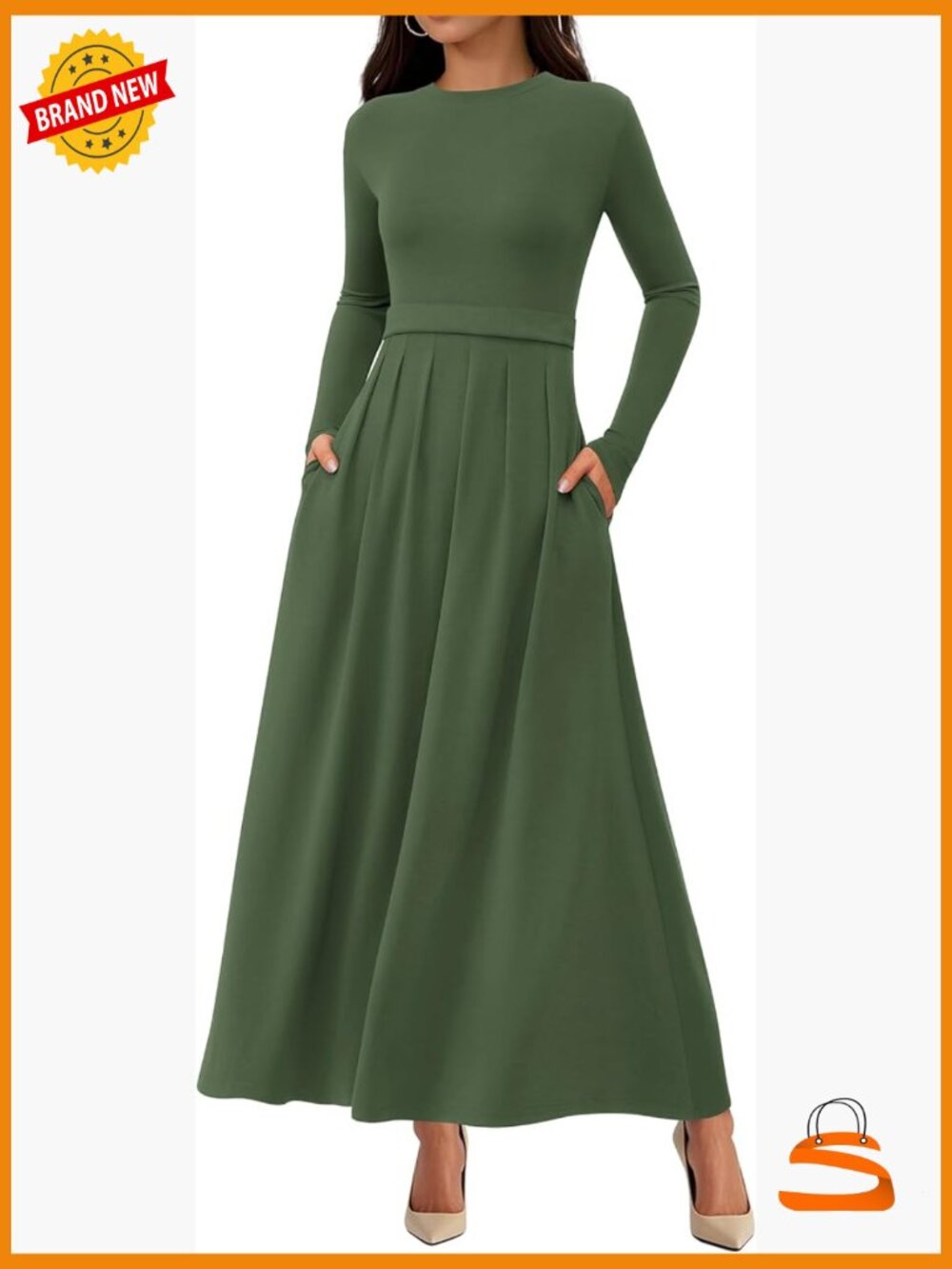 Long Sleeve Pleated Maxi Dress with Pockets Business Casual